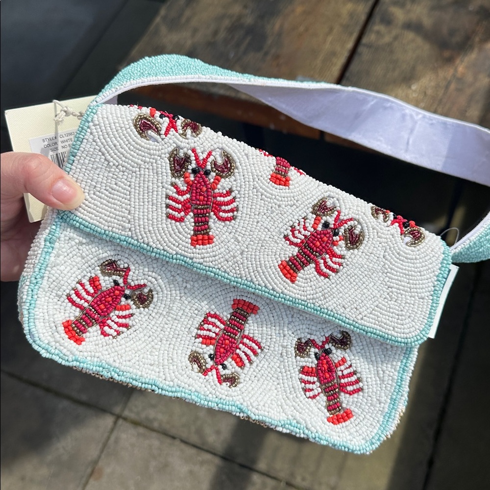 Beaded Lobster Shoulder Bag in White and Red